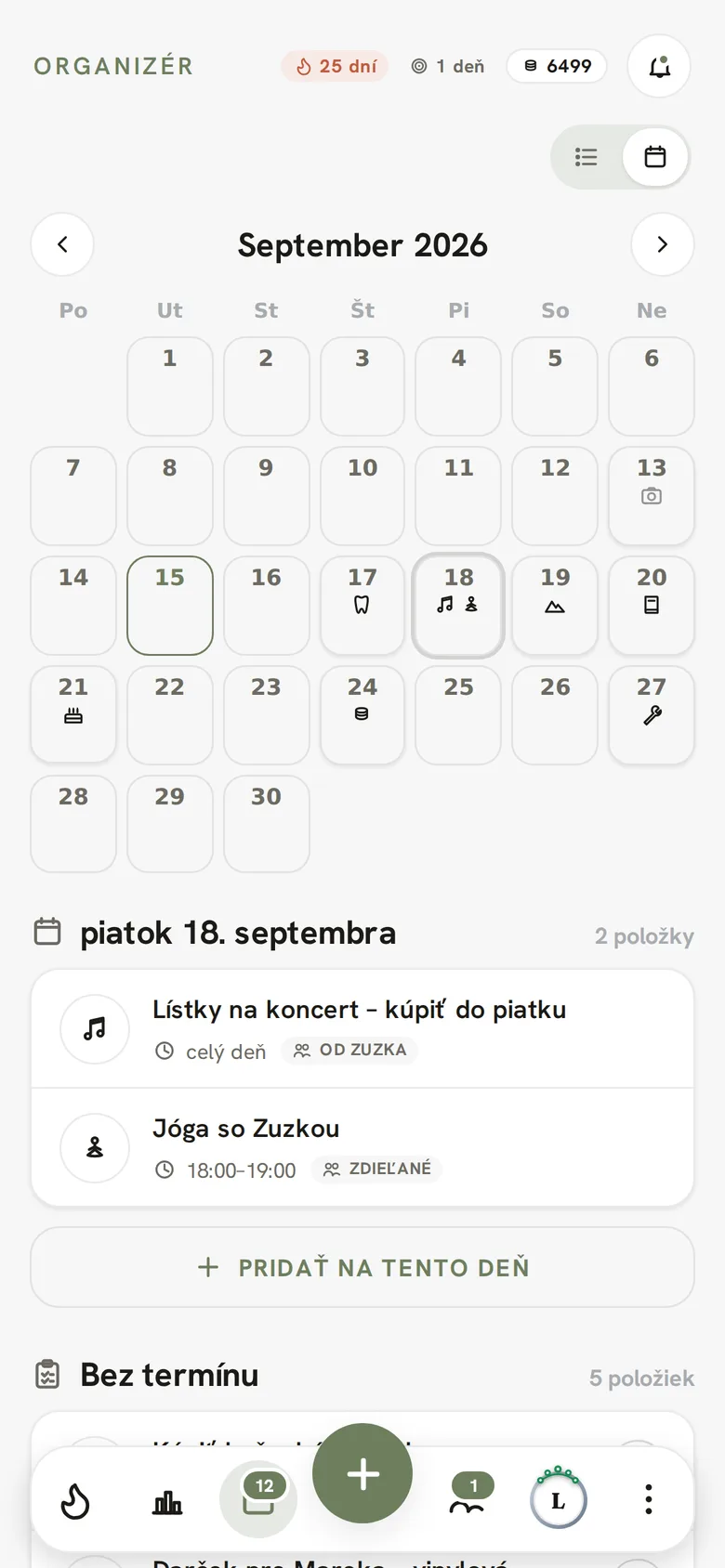 Organizér v kalendárovom zobrazení septembra: na piatok 18. septembra nákup lístkov na koncert a jóga so Zuzkou