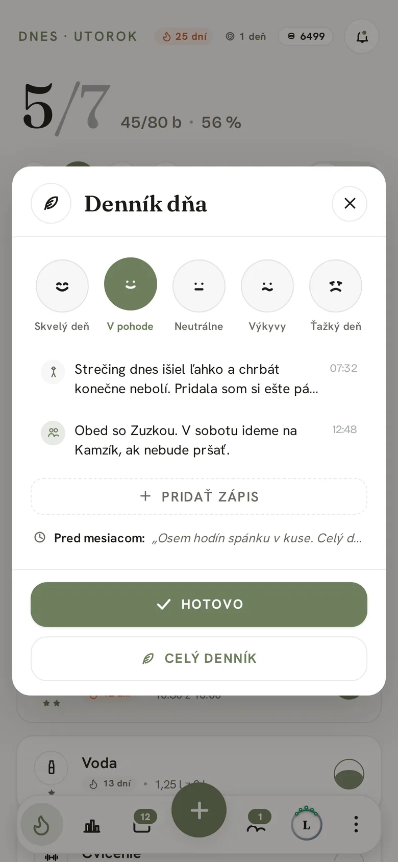 Denník dňa s výberom z piatich nálad a dvomi dnešnými zápismi
